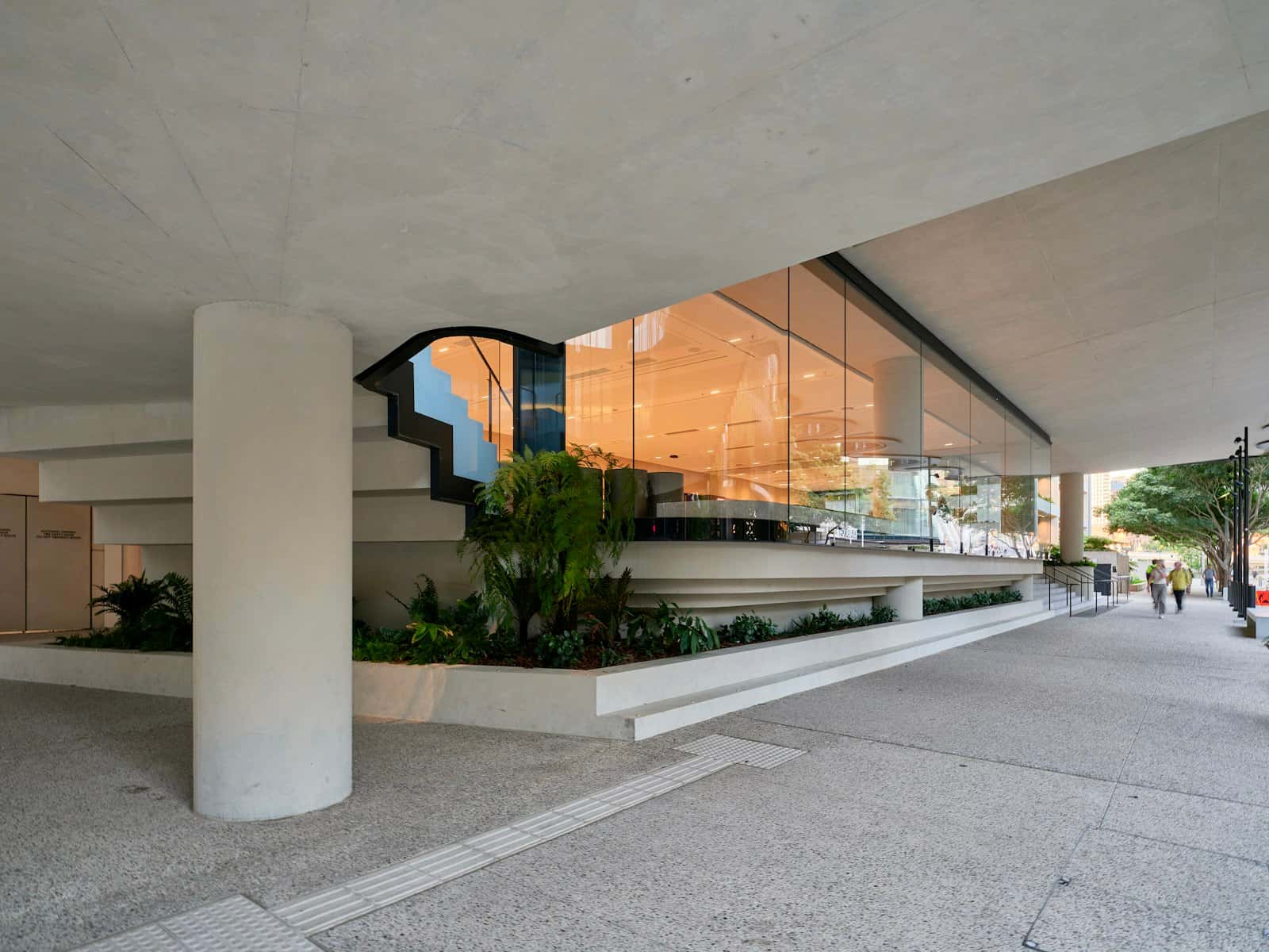 Tall glass frontage lit from within, set under a concrete canopy with tropical planting beside a wide pavement