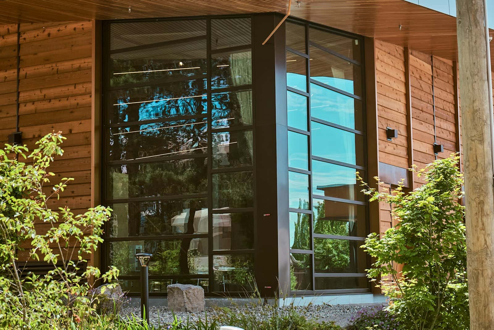 Timber-clad corner with floor-to-ceiling glazing on two sides, framed by garden planting under a clear sky