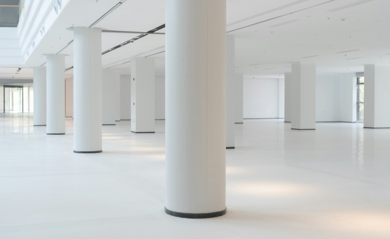 Vacant white floorplate with rows of round columns, a polished floor and soft daylight from far windows